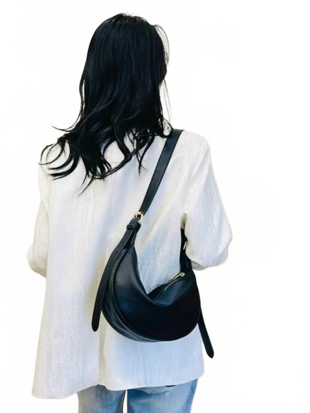 New -Sleek & Stylish -Genuine Leather Crescent Hobo Bag -Black